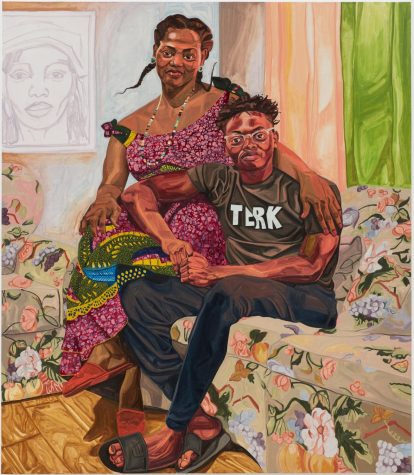 “Serwaa and Amoakohene,” a painting of a young man and his mother.