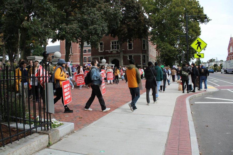 Clark students gather at the front gates to protest graduate student exploitation in five-day strike.