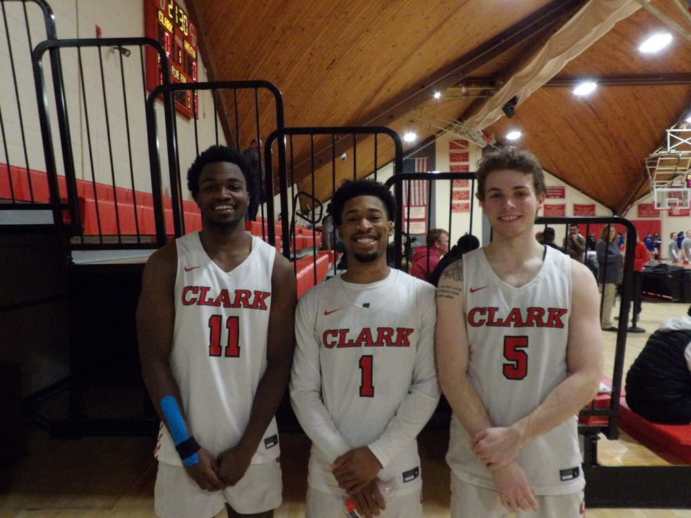 From left to right: Bruce Saintilus 25, Isaiah Taylor 25 and Mikey OBrien 24. Three of Clarks starters, key mmbers of the dominant Cougar squad. Pictured here after a win against Salve Regina.