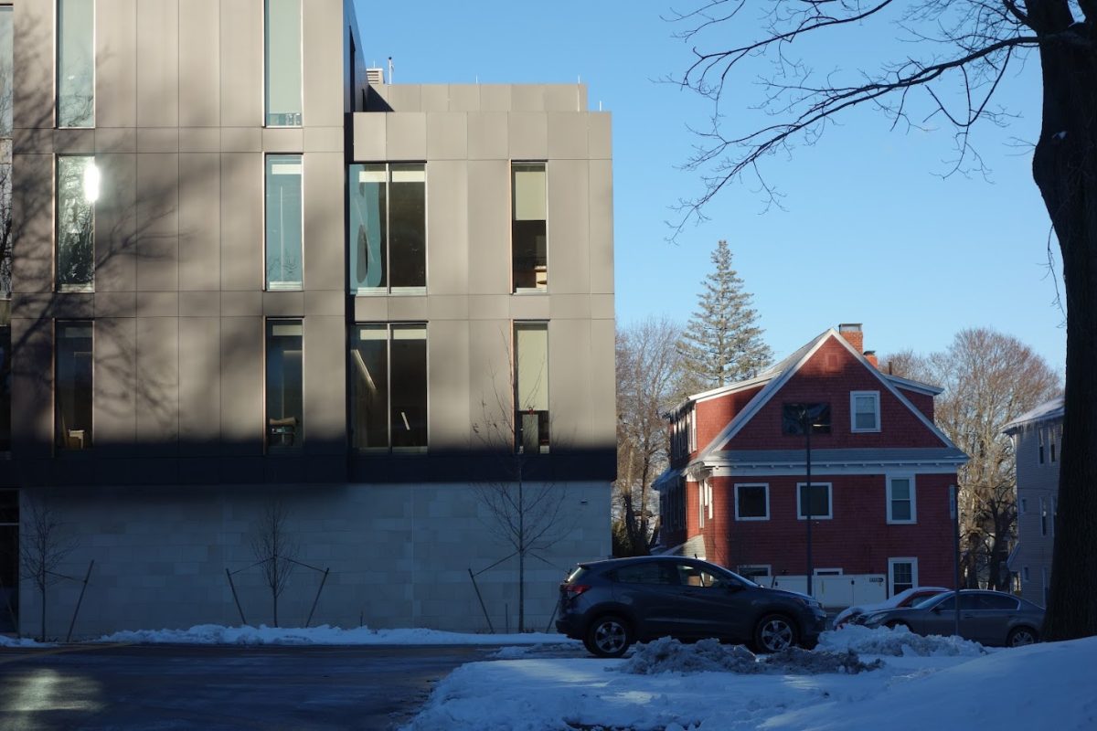 A view of the Center for Media Arts, Computing, and Design from Woodland Street.