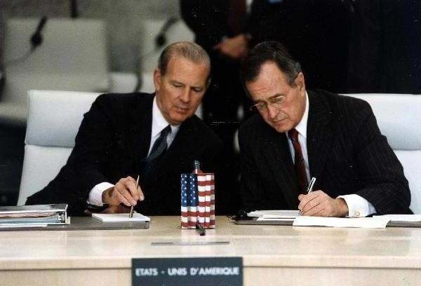 President George H. W. Bush with James Baker at a Conference on Security and Cooperation in Europe, November 19, 1990. Photo courtesy of the George H.W. Bush Presidential Library and Museum.
