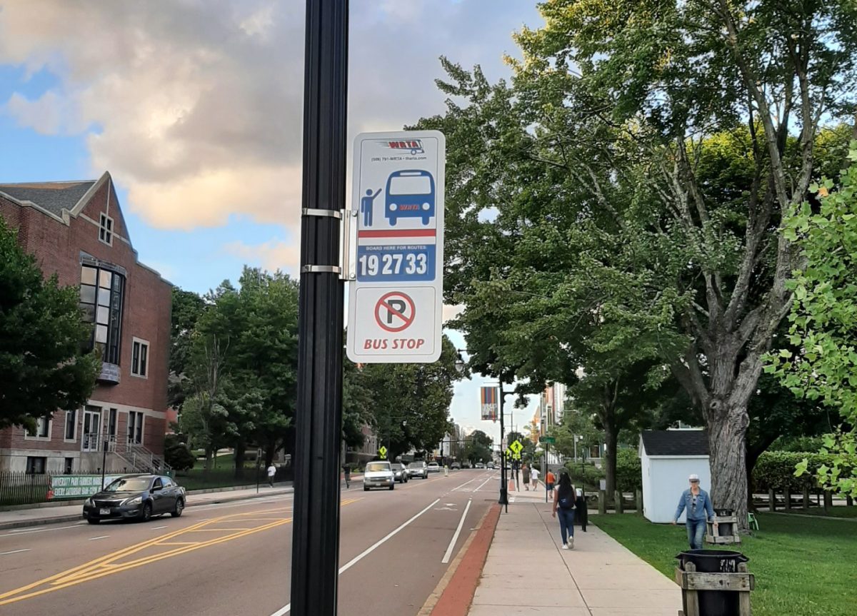 A bus stop on Main Street by Clark University, Worcester, MA.