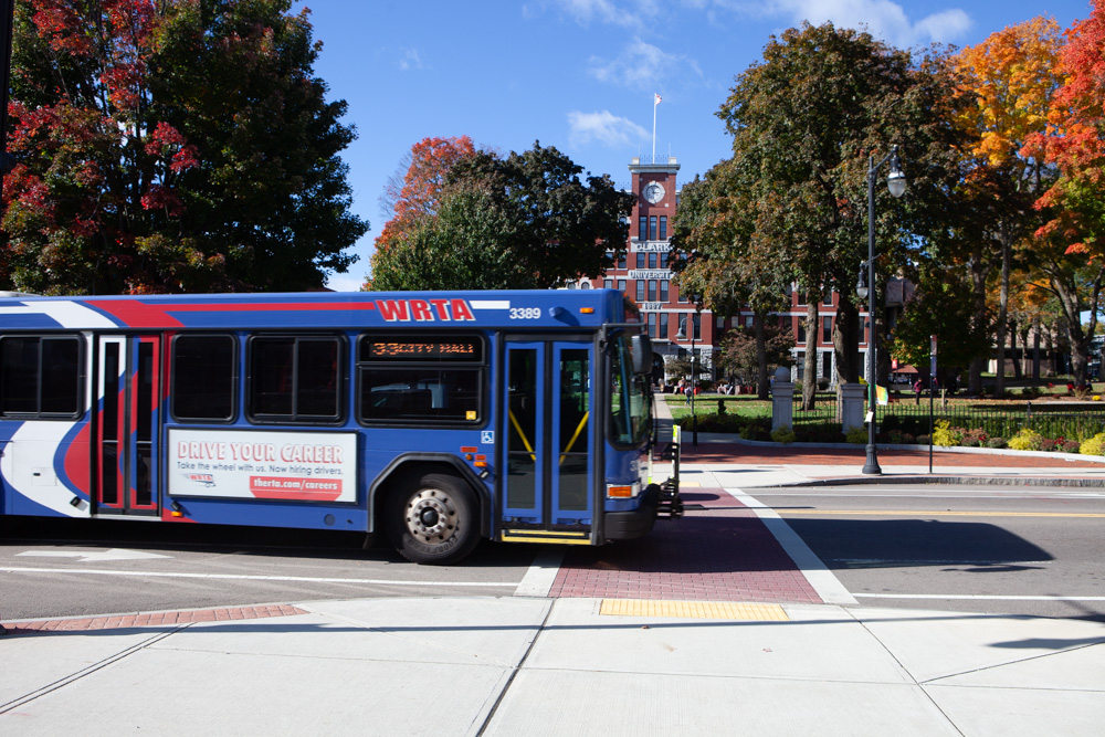 A WRTA bus heading north on Main Street, Worcester.