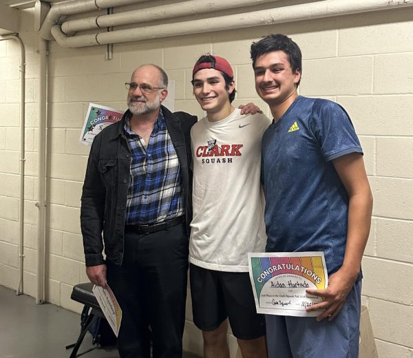 Winners of the Fall 2024 Squash Tournament, Jeff Himmelberger, Ryan Hovey and Aidan Hurtado. Photo courtesy of Lauren Ogonowski.