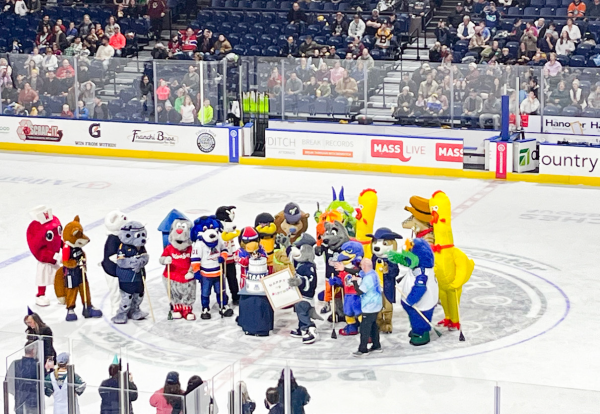 All the mascots gathered on the ice to celebrate Trax’s birthday. 