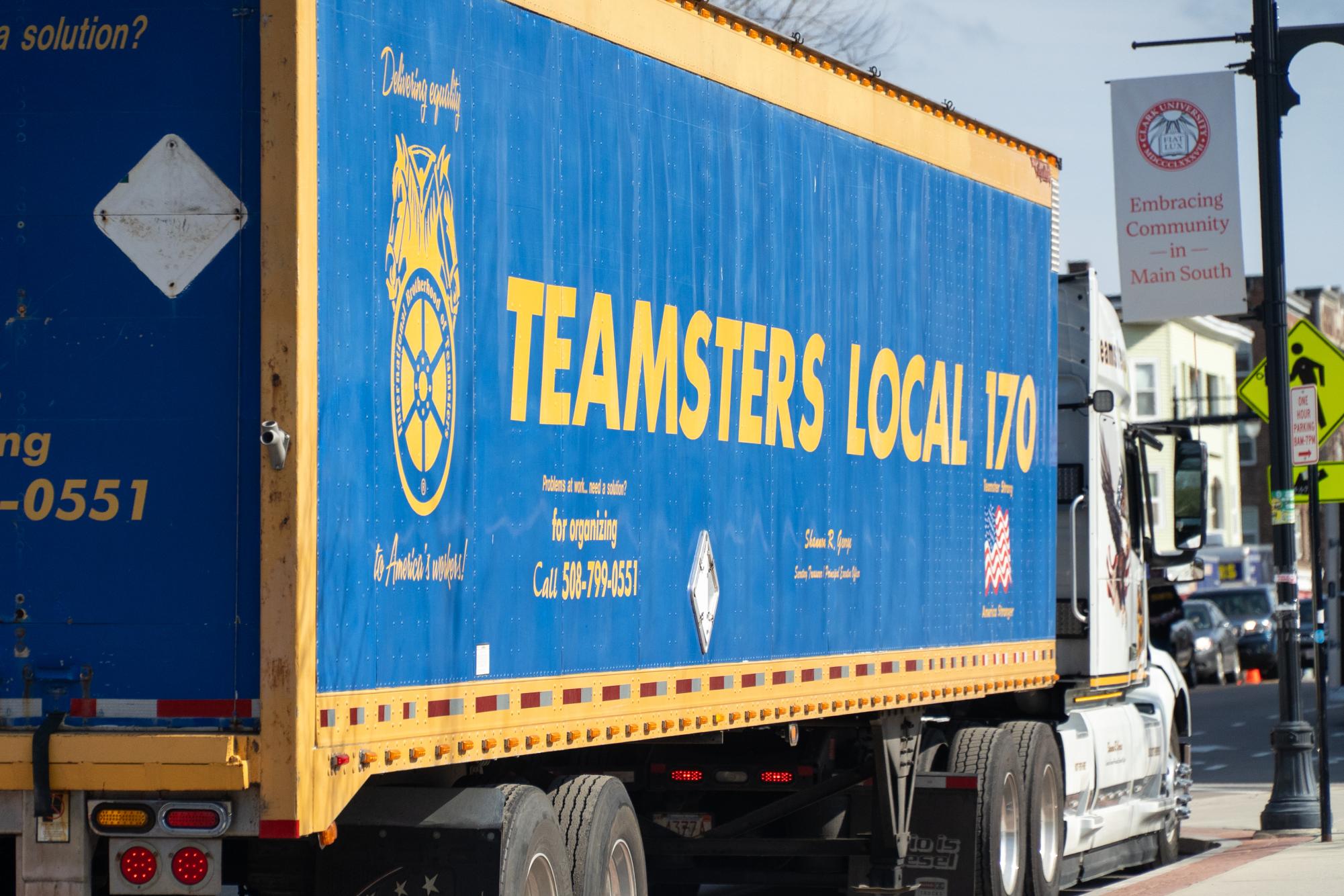 Teamsters truck outside of Clark University