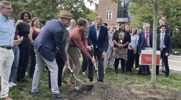 Dean Lou Leonard, Zach Rutherford, and President David Fithian at the tree-planting ceremony.
